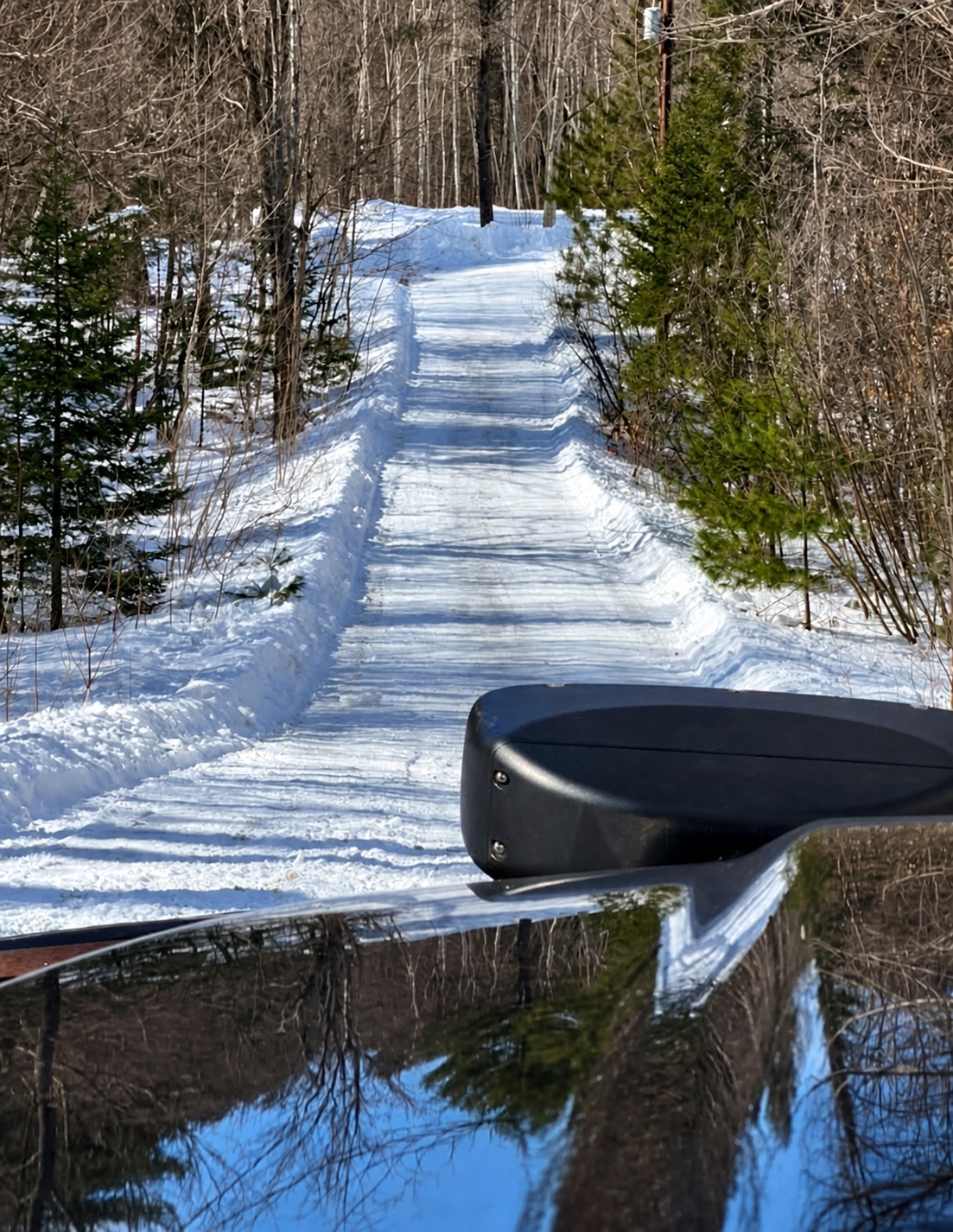 Freshly plowed driveway through the Maine woods